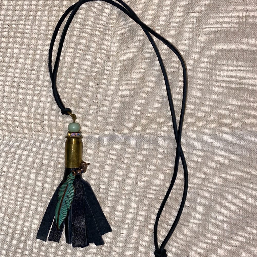 Leather long necklace with leather fringe and teal metal feather